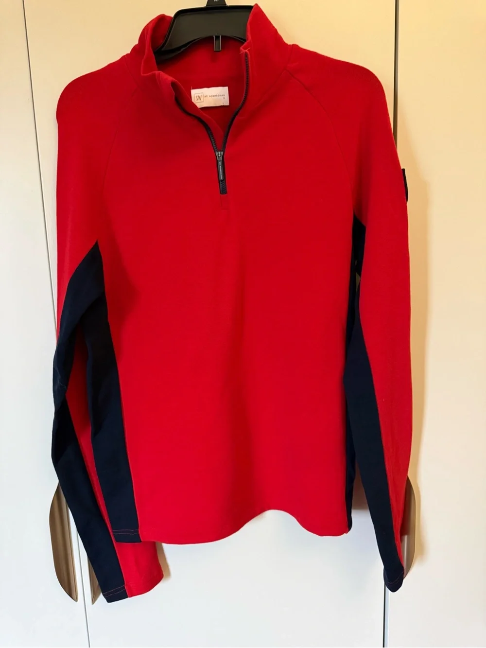 We Norwegians Men's Red and Navy Merino Blend Wool Ski Sweater Suze M